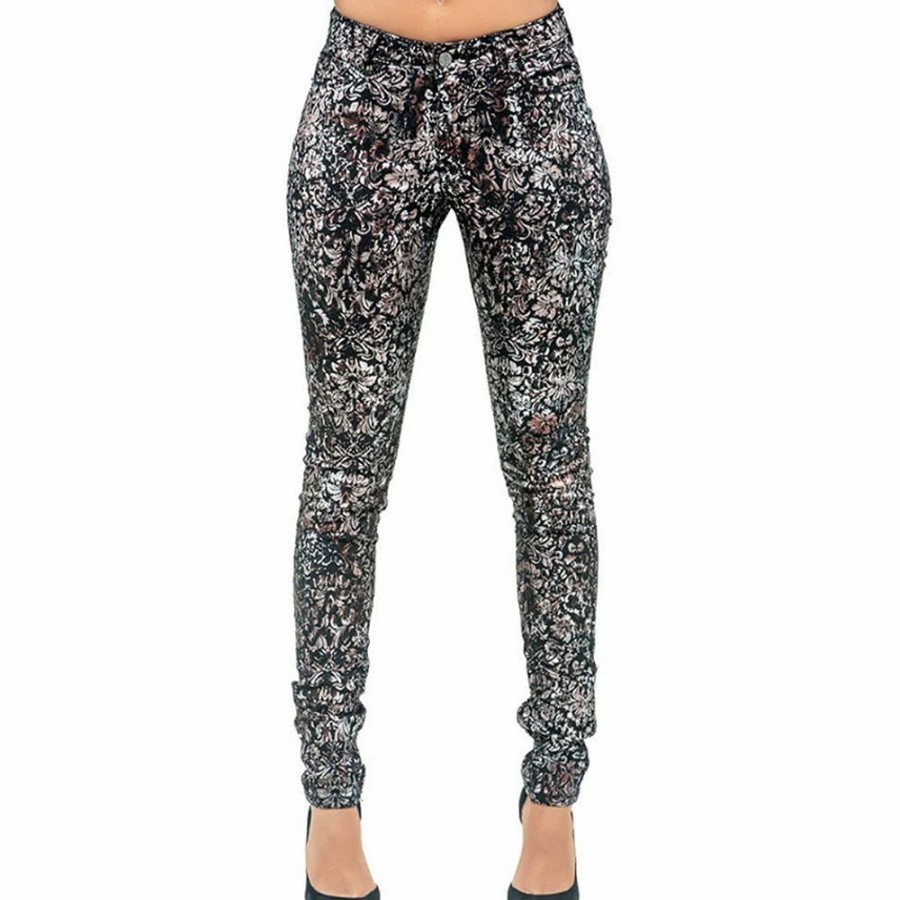 Jeans * | Poetic Justice Women'S Curvy Fit Stretch Twill Floral Printed Metallic Jeans