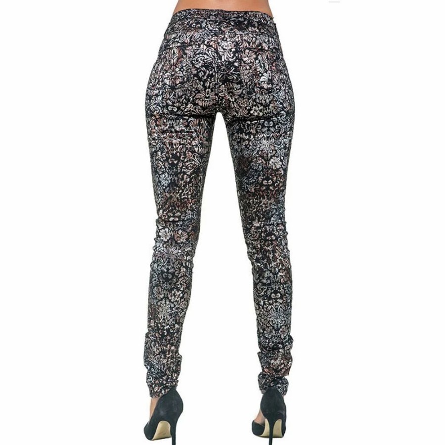 Jeans * | Poetic Justice Women'S Curvy Fit Stretch Twill Floral Printed Metallic Jeans