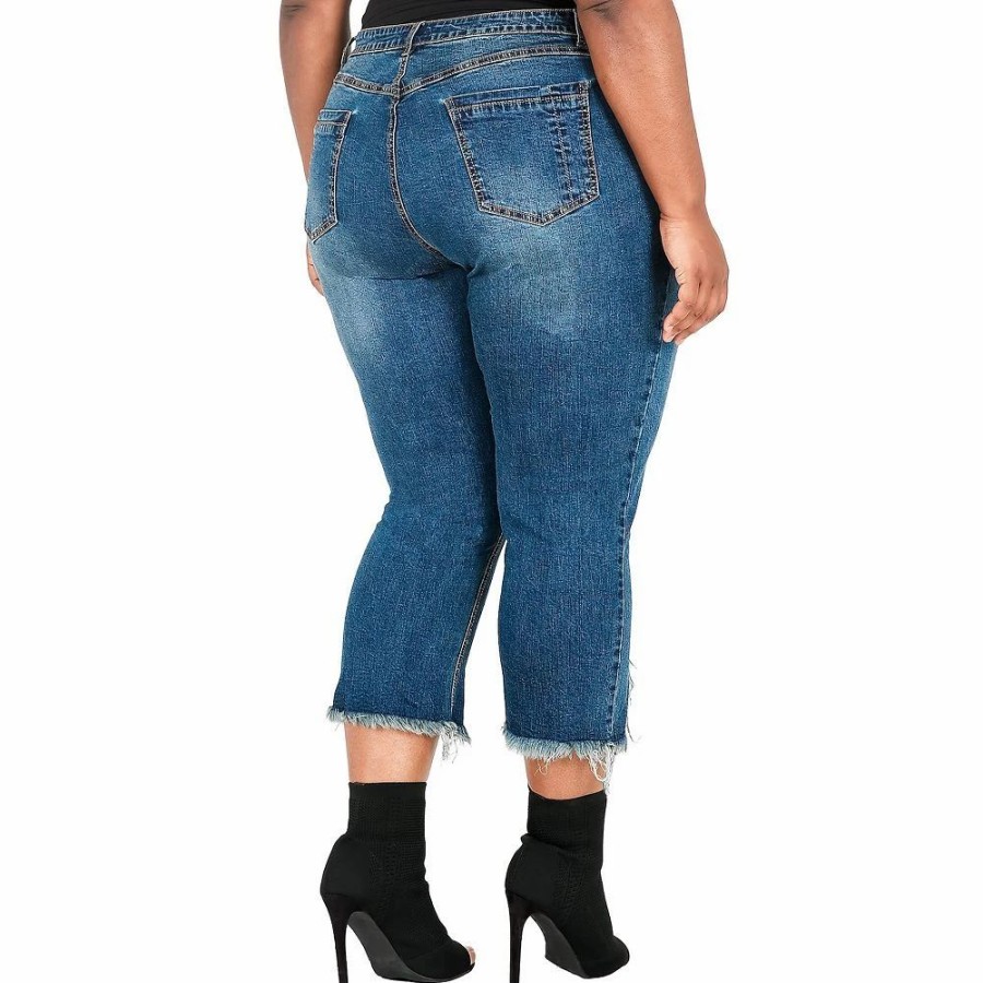 Jeans * | Poetic Justice Plus Size Women'S Curvy Fit Cropped Frayed Step Hem Dark Jeans