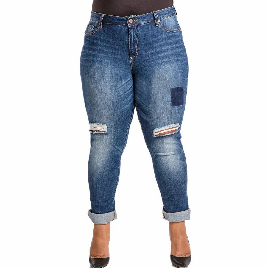 Jeans * | Poetic Justice Plus Size Women'S Curvy Fit Vintage Destroyed Boyfriend Jeans