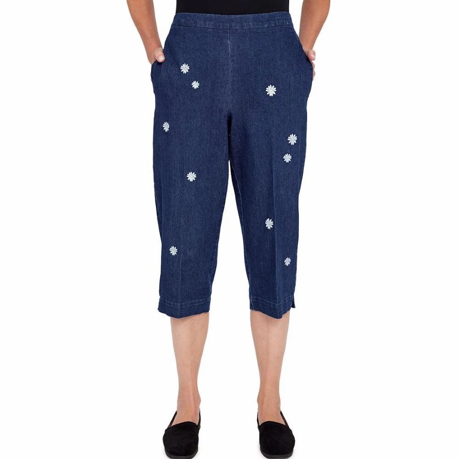 Crops & Capris * | Petite Alfred Dunner Bright Idea Floral Embroidered Denim Capri Pants