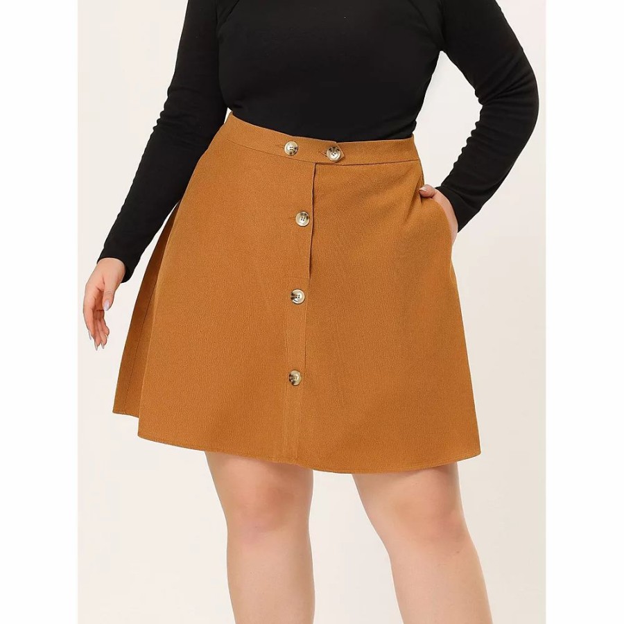 Skirts & Skorts * | Agnes Orinda Women'S Plus Size Button Front Elastic Waist A Line Corduroy Skirt