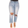 Jeans * | Poetic Justice Plus Size Women'S Curvy Fit Light Wash Destroyed Boyfriend Jeans