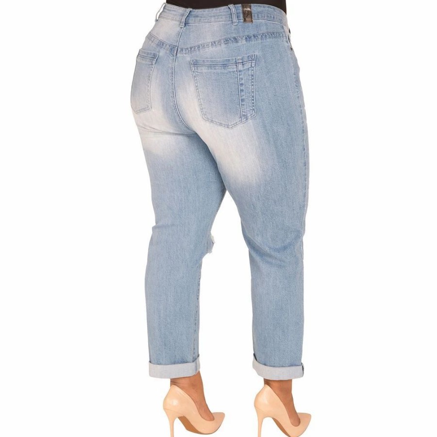 Jeans * | Poetic Justice Plus Size Women'S Curvy Fit Light Wash Destroyed Boyfriend Jeans