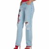 Jeans * | Poetic Justice Women'S Curvy Fit Light Wash Dragon Embroidered Mom Jeans