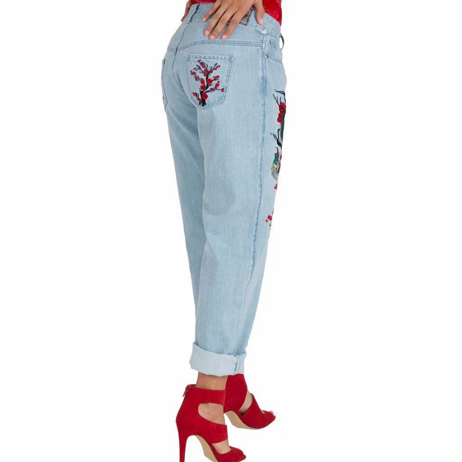 Jeans * | Poetic Justice Women'S Curvy Fit Light Wash Dragon Embroidered Mom Jeans