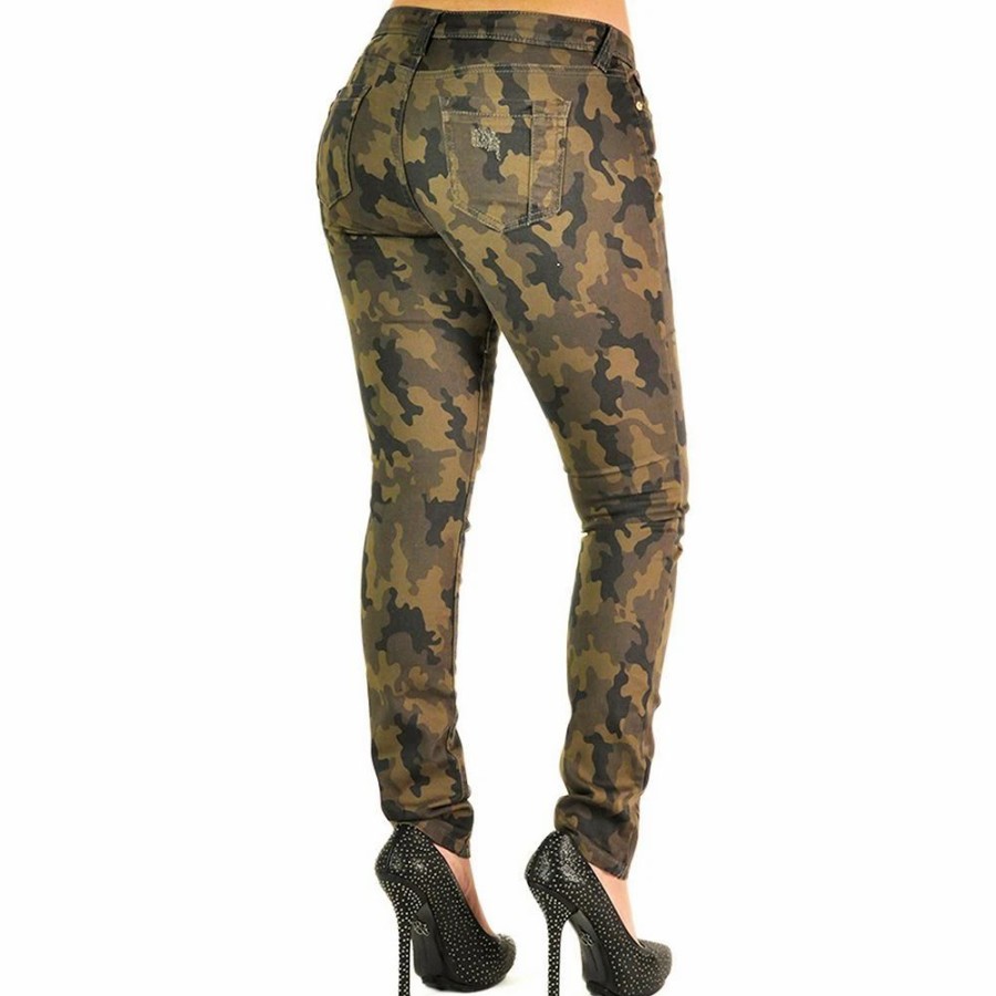 Jeans * | Poetic Justice Women Curvy Fit Camo Printed Stretch Twill Destroyed Low Rise Skinny Jeans