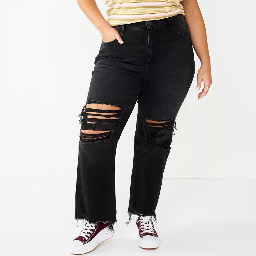 Crops & Capris * | Juniors' Plus Size So High Rise Kick Flare Crop Black Destructed