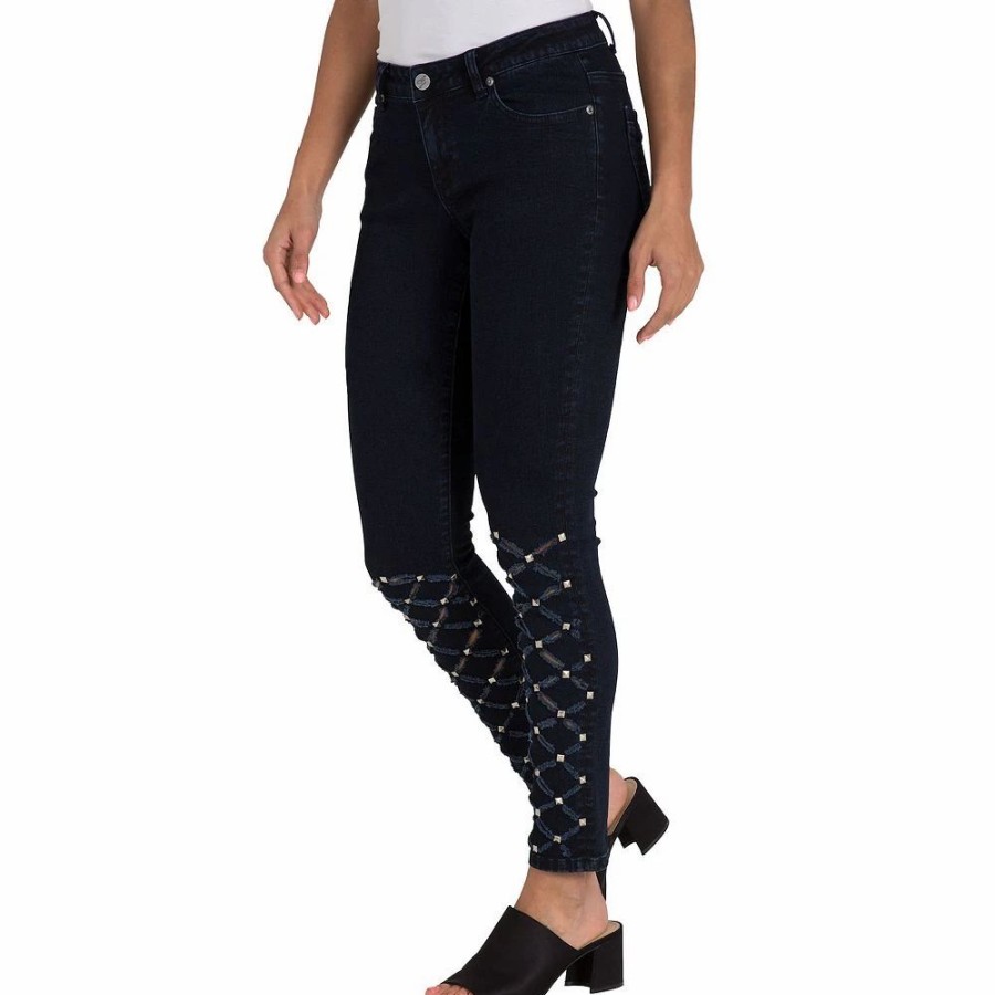 Jeans * | Poetic Justice Women'S Curvy Fit Laser Cut Studded Cropped Ankle Jeans