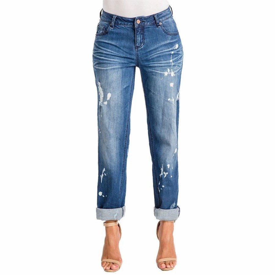 Jeans * | Poetic Justice Women'S Curvy Fit Bleach Spots Rolled Cuff Boyfriend Jeans