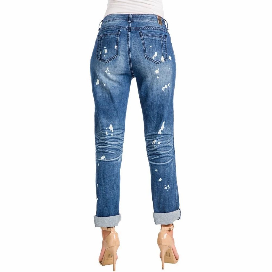 Jeans * | Poetic Justice Women'S Curvy Fit Bleach Spots Rolled Cuff Boyfriend Jeans