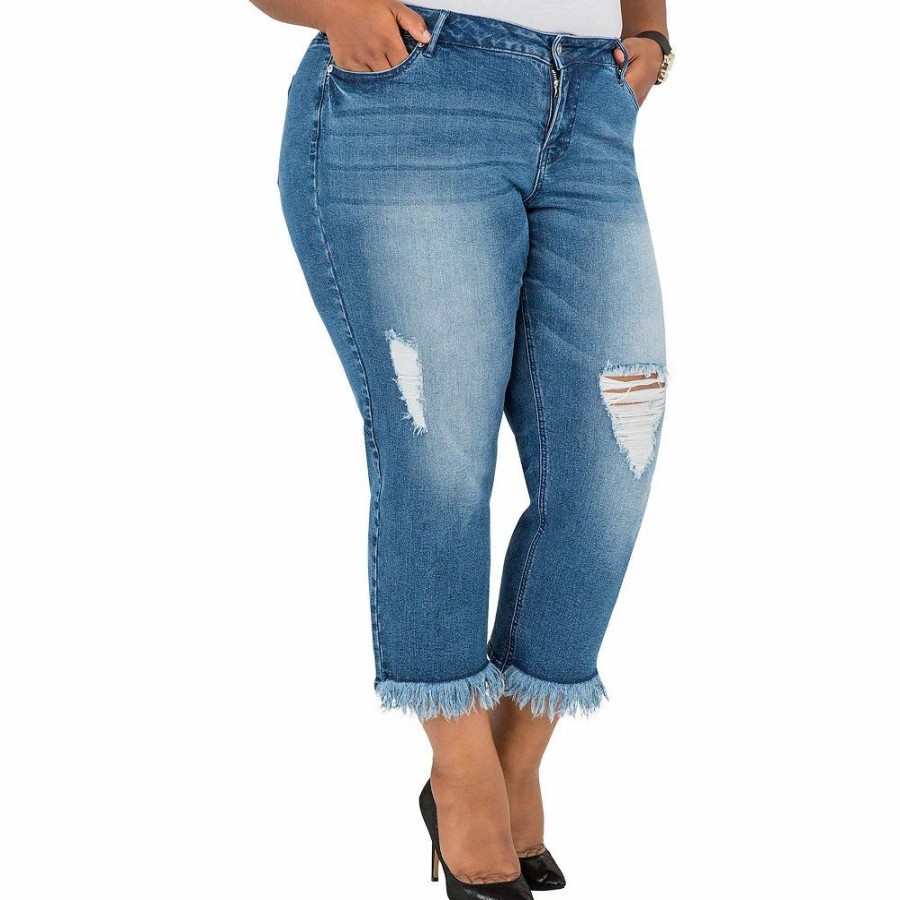 Jeans * | Poetic Justice Plus Size Verla Curvy Fit Cropped Frayed Boyfriend Jeans