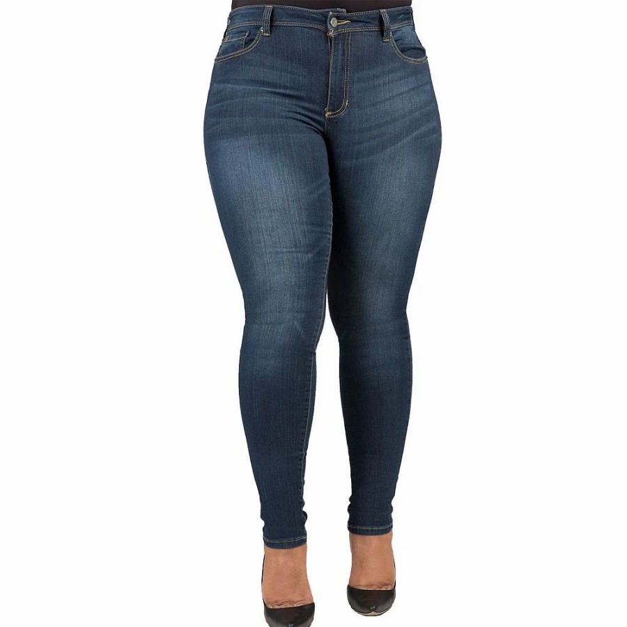 Jeans * | Poetic Justice Plus Size Women'S Curvy Fit Medium Whiskering Blasted Skinny Jeans