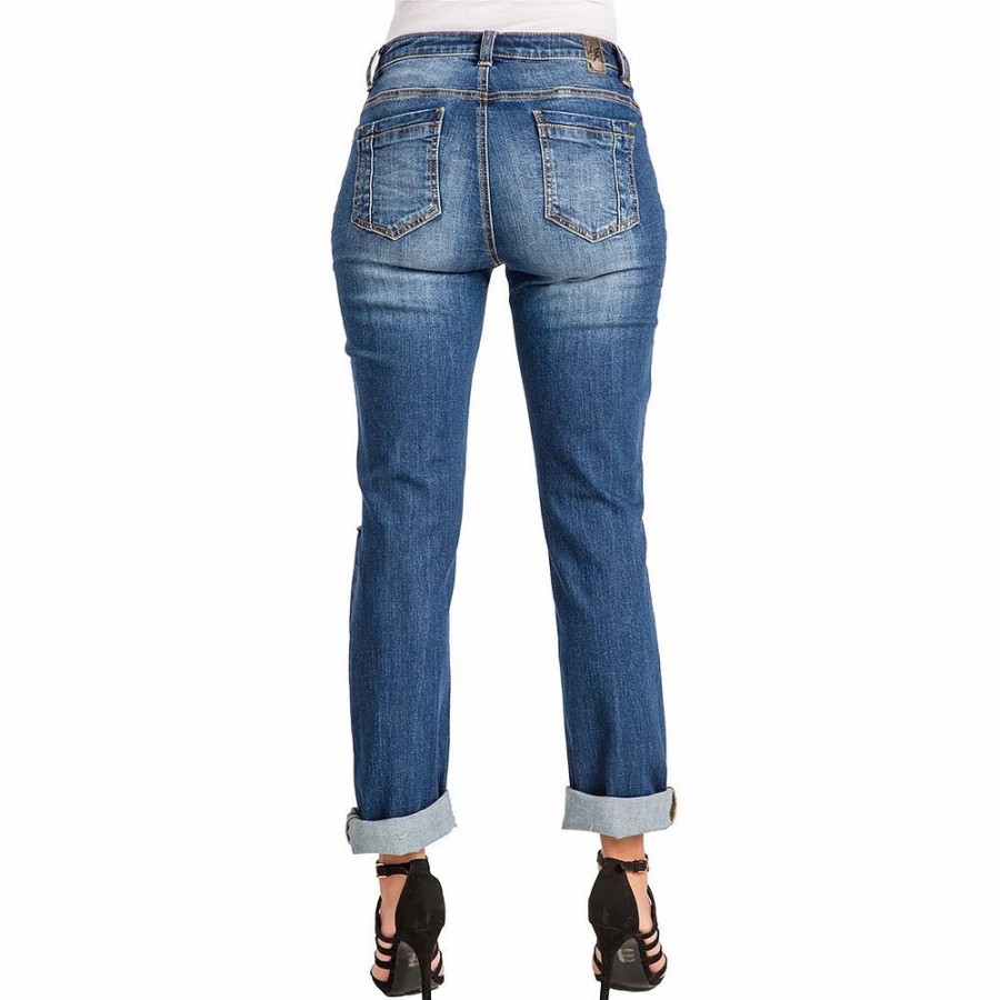 Jeans * | Poetic Justice Women'S Curvy Fit Denim Medium Whisker Destroyed Boyfriend Jeans